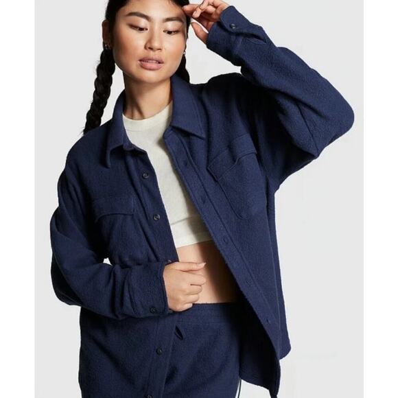 Victoria's Secret Pink Jackets & Blazers - Victoria Secret PINK REVERSE FLEECE SHACKET Navy Blue